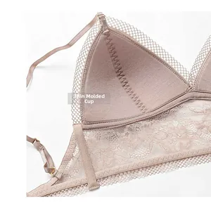 Detailed interior of thin molded cup with delicate lace trim and mesh fabric