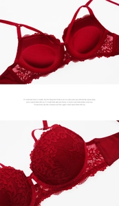 Détail d'un soutien-gorge en dentelle rouge foncé avec broderie et structure rembourrée