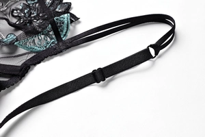 Detail of adjustable black shoulder strap on floral embroidery lace lingerie bra