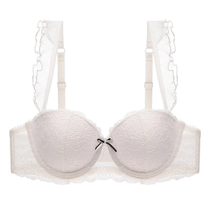 Detail of white lace bra featuring ruffled shoulder straps and a central bow accent