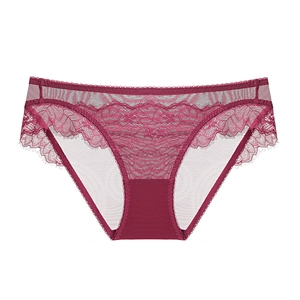 Elegant wine red lace panties for women featuring sheer mesh and eyelash floral trim
