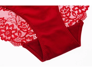 Vue détaillée de la dentelle florale rouge et du tissu soyeux sur cette lingerie chic