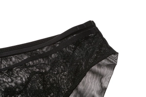 Detailed macro view of black floral lace embroidery and sheer mesh on panty fabric