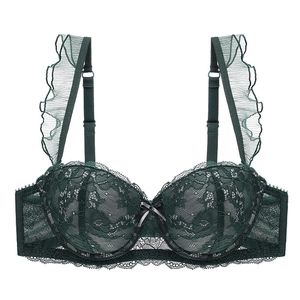 Elegant dark green lace bra with floral patterns and ruffled mesh shoulder straps