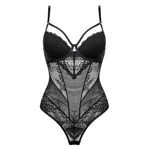 Sexy schwarzer Spitzenbody für Damen mit floralem Mesh-Spleißen und Kreuzträgern