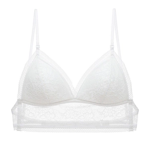 White lace triangle bralette with vintage floral pattern and thin adjustable straps