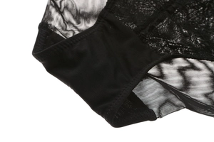 Close-up of black lace embroidery and sheer mesh texture on sexy breathable underwear
