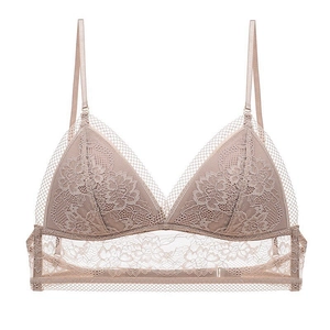 Elegant nude pink lace triangle bralette with adjustable straps and wire-free design