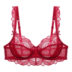 Exquisite dark red lace bra with sheer eyelash details and bow accents for women