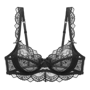 Elegant black floral lace unlined bra with supportive underwire and bow details
