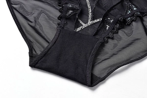 Detailed macro view of black lace panty with fine mesh texture and breathable cotton crotch