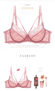 Detail of pink sheer lace bra showing delicate floral mesh and double straps