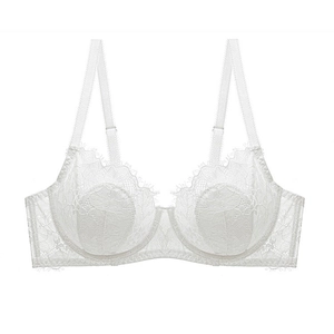 Close-up of fine floral lace patterns and supporting stitches on white bra cups