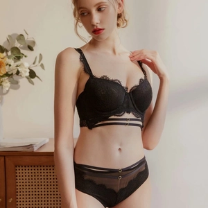 Elegant black eyelash lace lingerie set with push-up bra and matching mesh panties