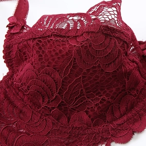 Deep red lace bra featuring floral embroidery and mesh details for a sexy look