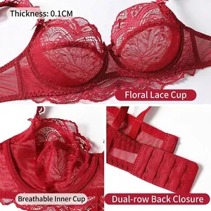 Red floral lace embroidery bra set with ultra-thin breathable mesh and full cups