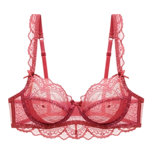 Elegant red semi-sheer lace bra with full cup support and delicate eyelash lace trim