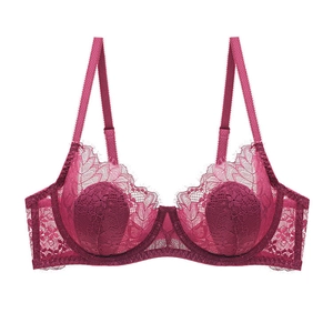 Detailed view of dark rose lace bra featuring floral patterns and eyelash lace edges