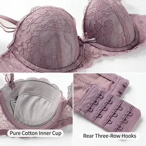 Purple French lace push-up bra with floral embroidery and triple hook-and-eye closure