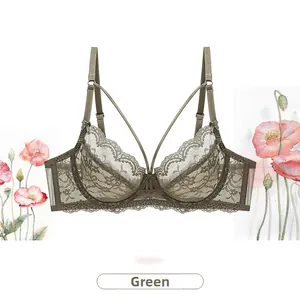 Detailed close-up of olive green lace bra featuring floral embroidery and mesh texture