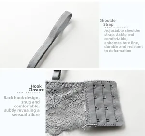 Détail des bretelles réglables et de l'attache à quatre rangées sur le soutien-gorge gris