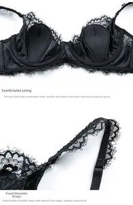 Detail view of black eyelash lace bra featuring cotton lining and soft mesh side panels