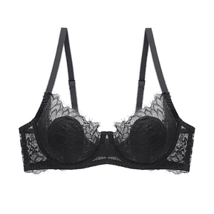 Close-up of black floral lace bra with eyelash lace details and mesh texture