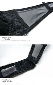 Detail view of mesh side wings and two-row three-hook back closure of black lace bra