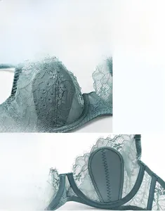 Detailed macro view of sheer floral lace cup and breathable moisture-wicking lining