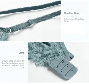 Detail showing adjustable elastic straps and double hook-and-eye closure on lace bra