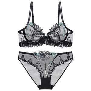 Elegant black lace lingerie set with floral embroidery sheer mesh bra and panties