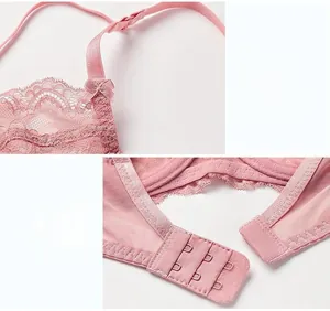 Detailed view of pink lace bra featuring adjustable straps and double row hook-and-eye closure