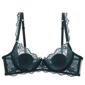 Eleganter waldgrüner Spitzen-BH mit Wimpernborte und feinem Strass-Anhänger