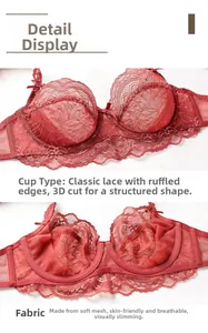 Detail of red lace bra featuring 3D tailoring and soft breathable mesh lining texture