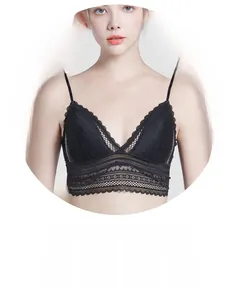 Detailed view of black lace bralette with deep V-neck and delicate straps