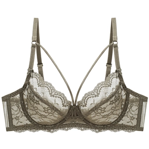 Olive green ultra-thin lace bra with elegant floral pattern and adjustable straps
