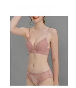 Detailed close-up of French style smoky pink lace bralette with triangle cups and mesh trims