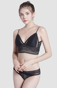 Detail of elegant black French lace bralette set with intricate embroidery and mesh panties