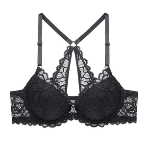 Detailed view of black floral lace bra with front buckle and cross-back straps