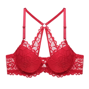 Detailed view of red floral lace bra featuring a front closure and Y-shaped back design