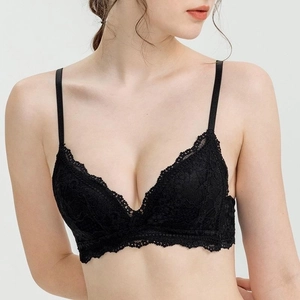 Close-up of black floral lace detailing and delicate eyelash trim on a triangle cup bra