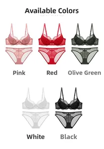 Lace bra and panty sets displayed in pink, red, olive green, white, and black colors