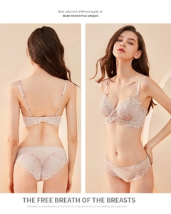 Detailed front and back view of elegant lace lingerie set with floral embroidery