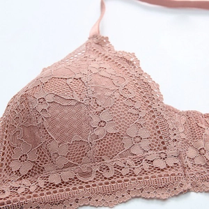 Lace bralette in dusty pink featuring French triangle cups and delicate floral lace