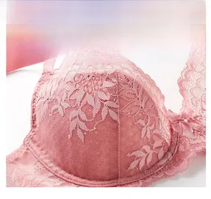 Detail of pink floral lace bra with fine embroidery and delicate bow accent