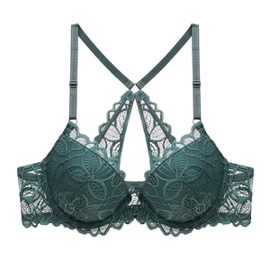 Front closure deep green lace bra with racerback straps and floral embroidery