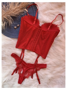 Détail d'un ensemble de lingerie en dentelle rouge avec mesh à pois et jarretelles réglables