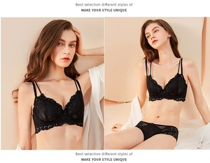 Close-up of black lace bra detail and matching lingerie set with floral embroidery
