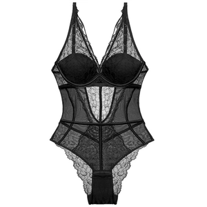 Elegante body in pizzo nero da donna con inserti in mesh trasparente e scollatura a V