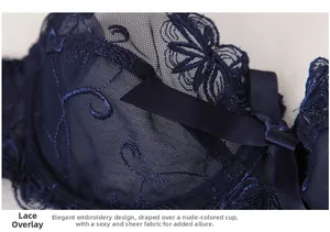 Detail of dark blue floral lace embroidery and satin bow on ultra-thin mesh bra